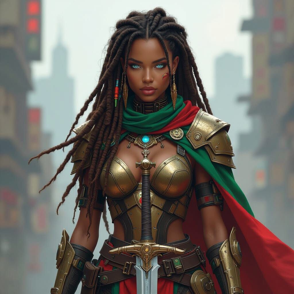 Cyberpunk Rasta Woman Warrior in Futuristic Landscape