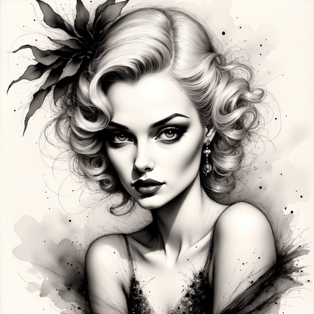 Glamorous Platinum Blonde Portrait in Ink Crosshatching