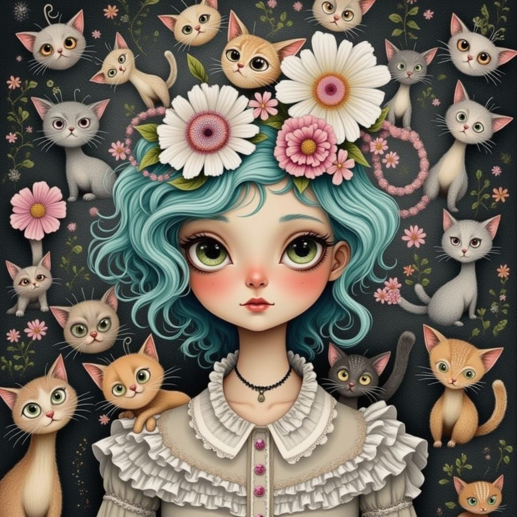 Surreal Portrait of a Young Woman with Cats in a Whimsical W...