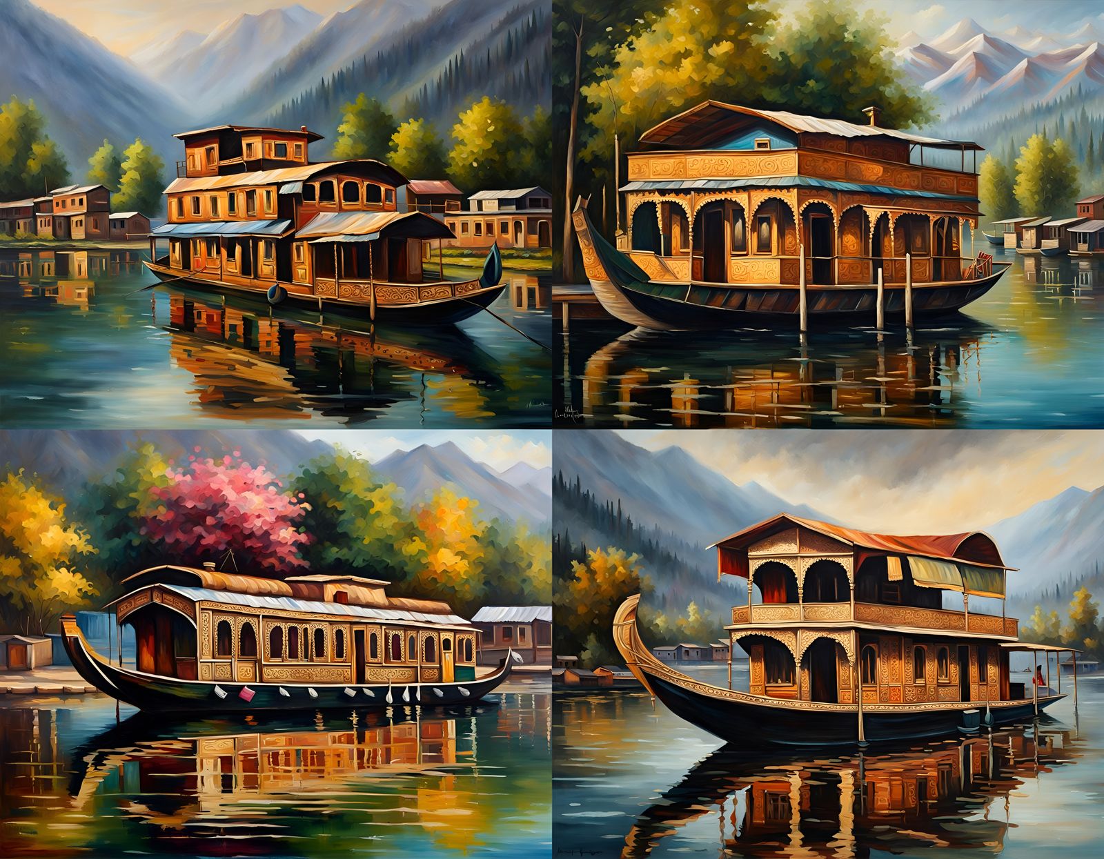 Scenic Srinagar Houseboat in Oil Painting Style