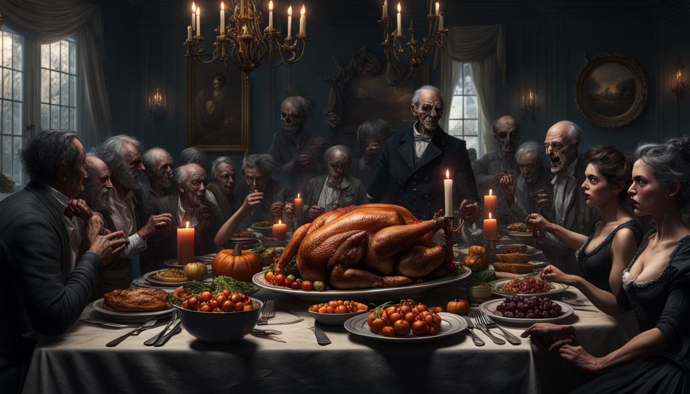 Dark Thanksgiving Dinner in Hyperrealistic Noir Style