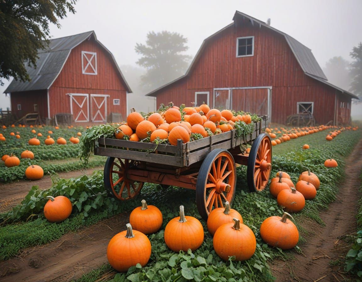 Serene Pumpkin Harvest Morning on a Rustic Farm