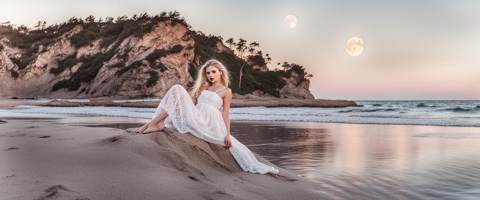 Slavic Beauty on Beach at Sunset: Photorealistic Style