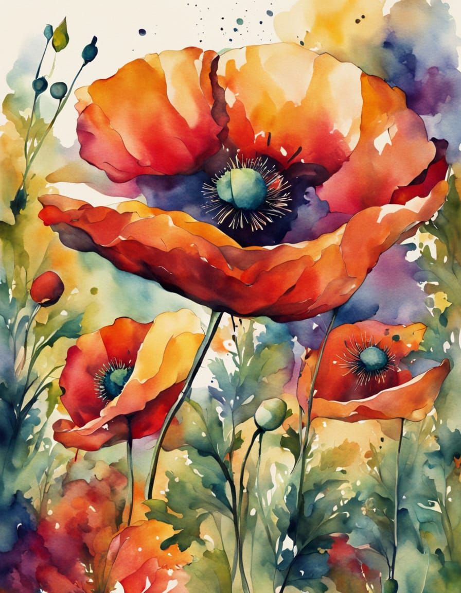 Vibrant Abstract Watercolor Poppies and Leaves