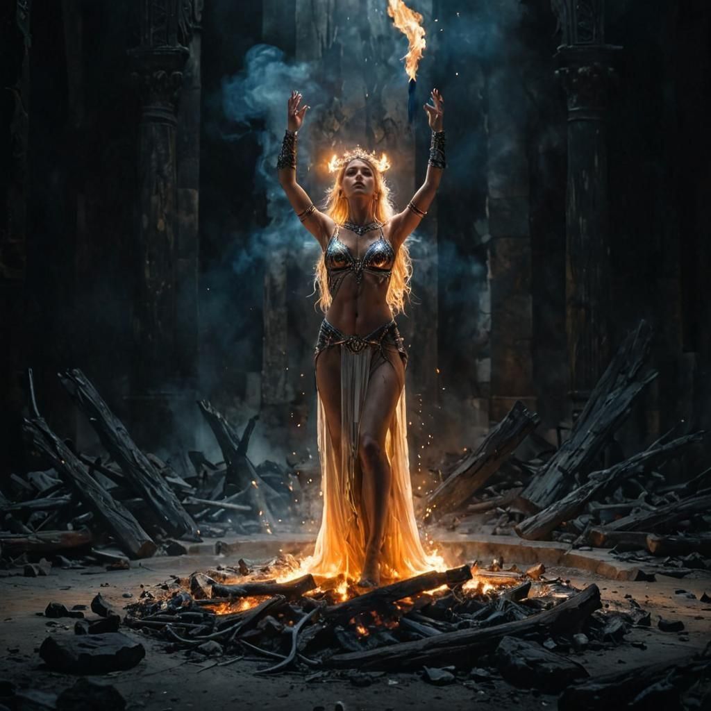 Fiery Priestess in Circle of Energy: Dark Fantasy Art