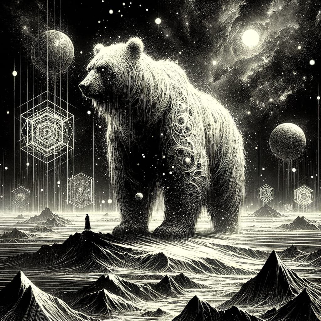 Cosmic Bear Guards Alien Ruins in Gothic Style