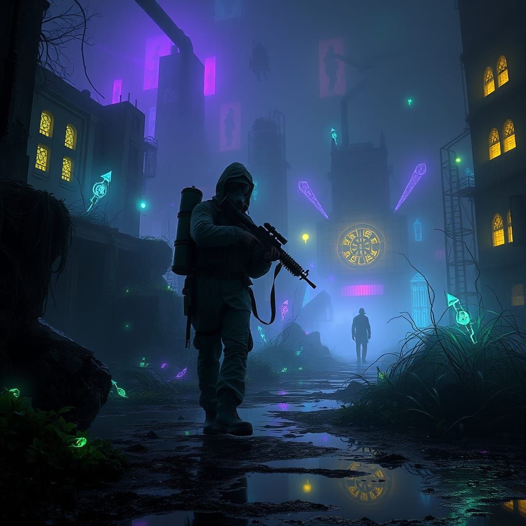 Mysterious Stalker in Glowing Ruins