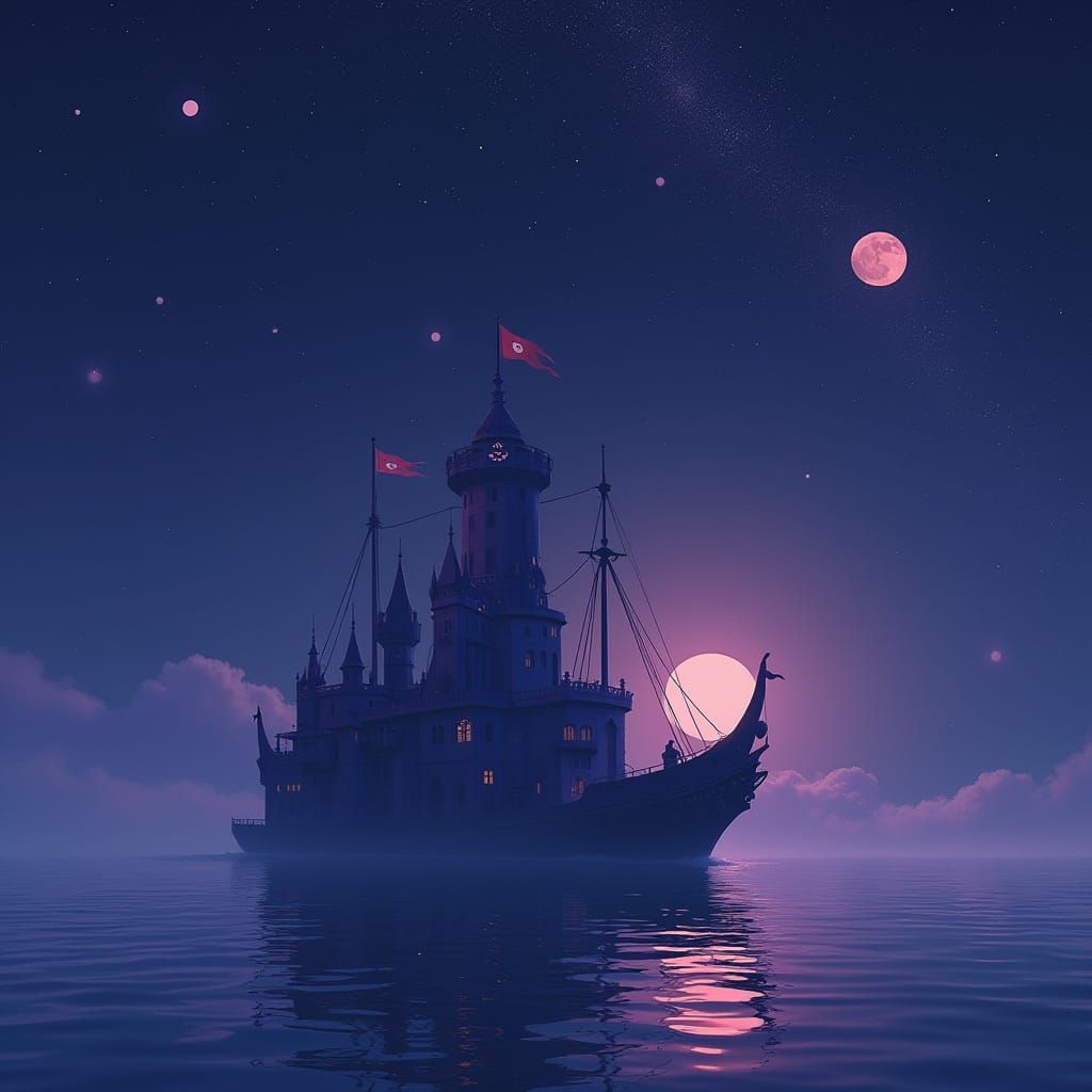 Castleship Sails Through Night Sky in Sci-Fi Style