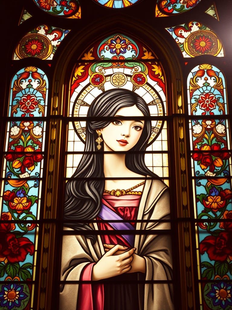 Vintage-Style K-Pop Icon in Stained Glass Cathedral