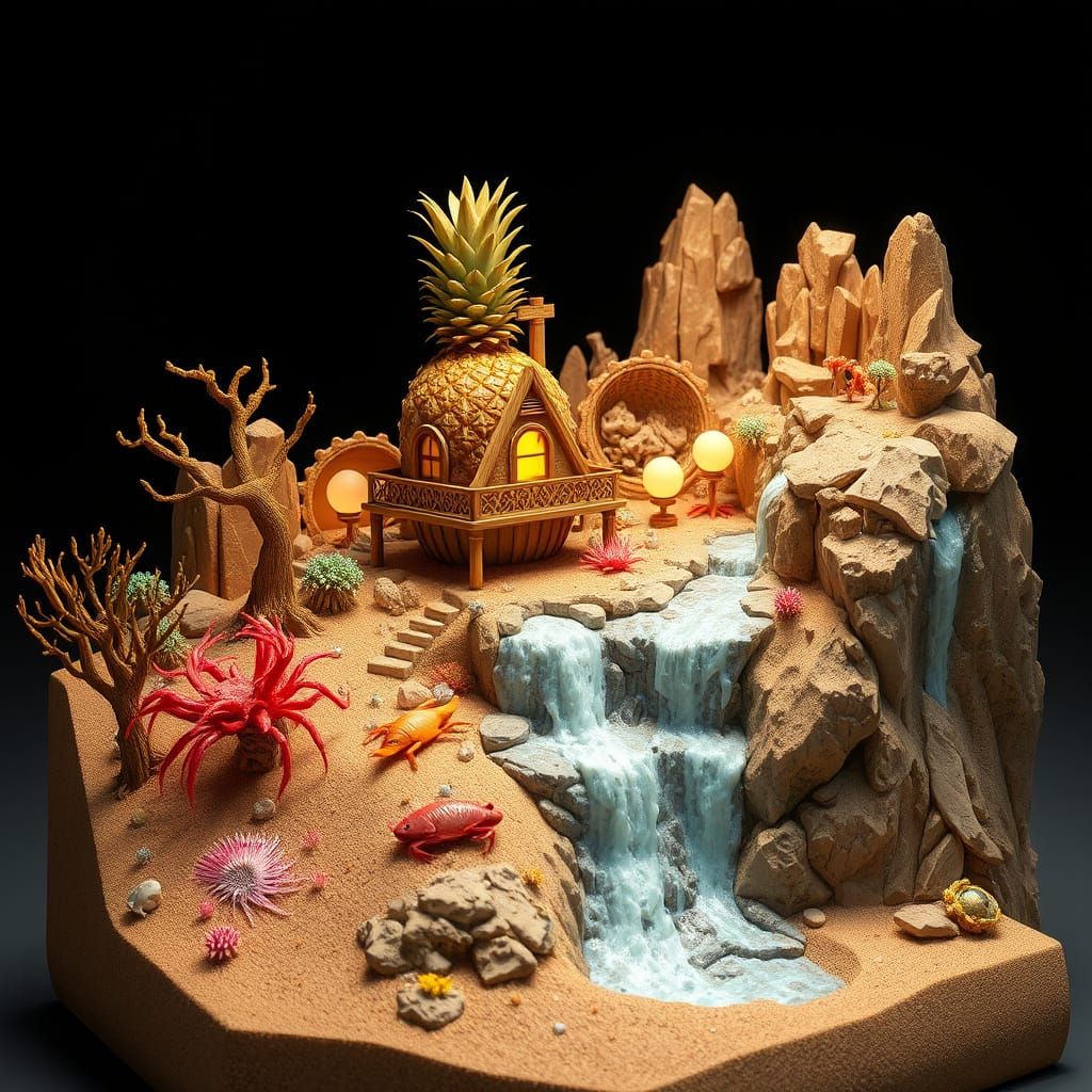 Surreal Assemblage Box with Pineapple House and Miniature La...