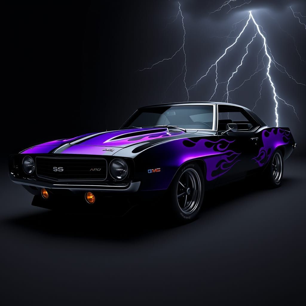 1969 Chevrolet Camaro black with purple ghost flames from fr...