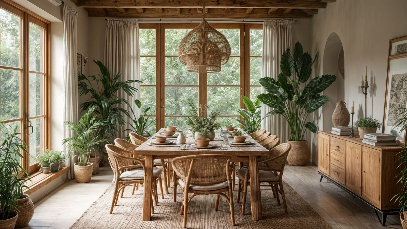 Relaxed Boho Dining Room with Rustic Ceramic Tableware