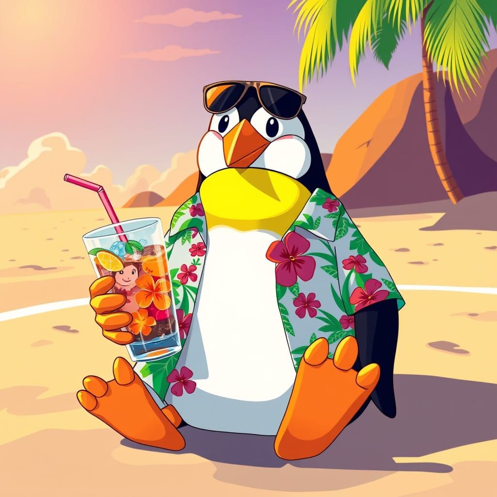 Vibrant Penguin Relaxes on Sun-Kissed Beach in Flat, Cel-Sha...