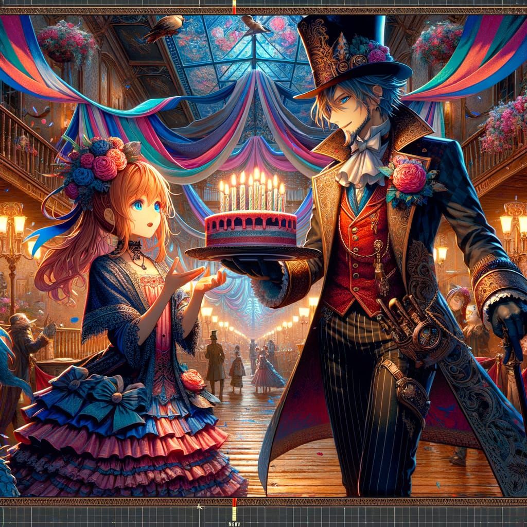 Fantastical Birthday Scene with Anime-Inspired Character