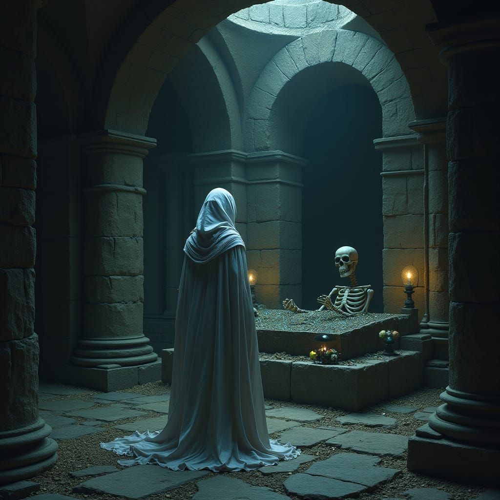 Mysterious Skeleton Guards Ancient Tomb in Dark, Atmospheric...