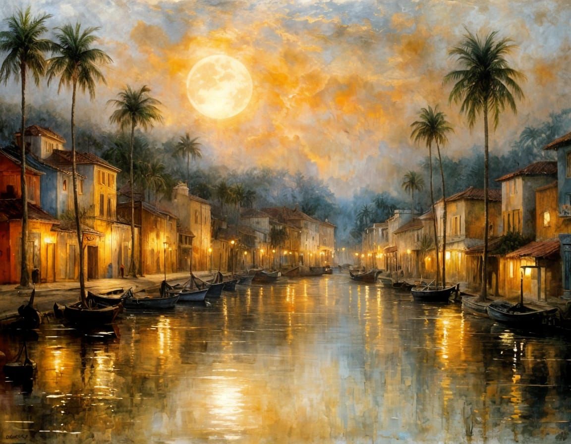 Moonlit Fishing Village in Romantic Style