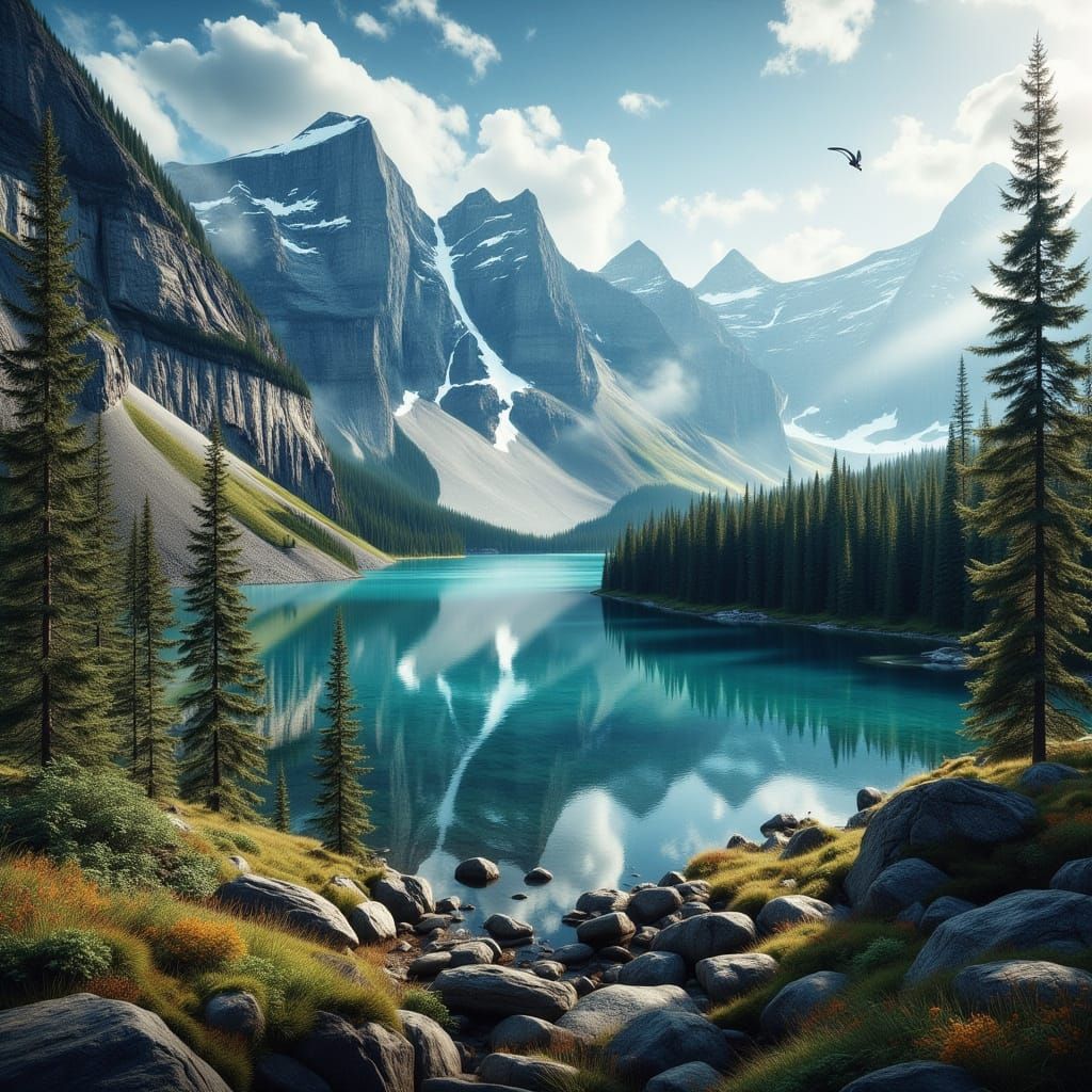 Hyperrealistic Canadian Landscape with Turquoise Lake and Mo...