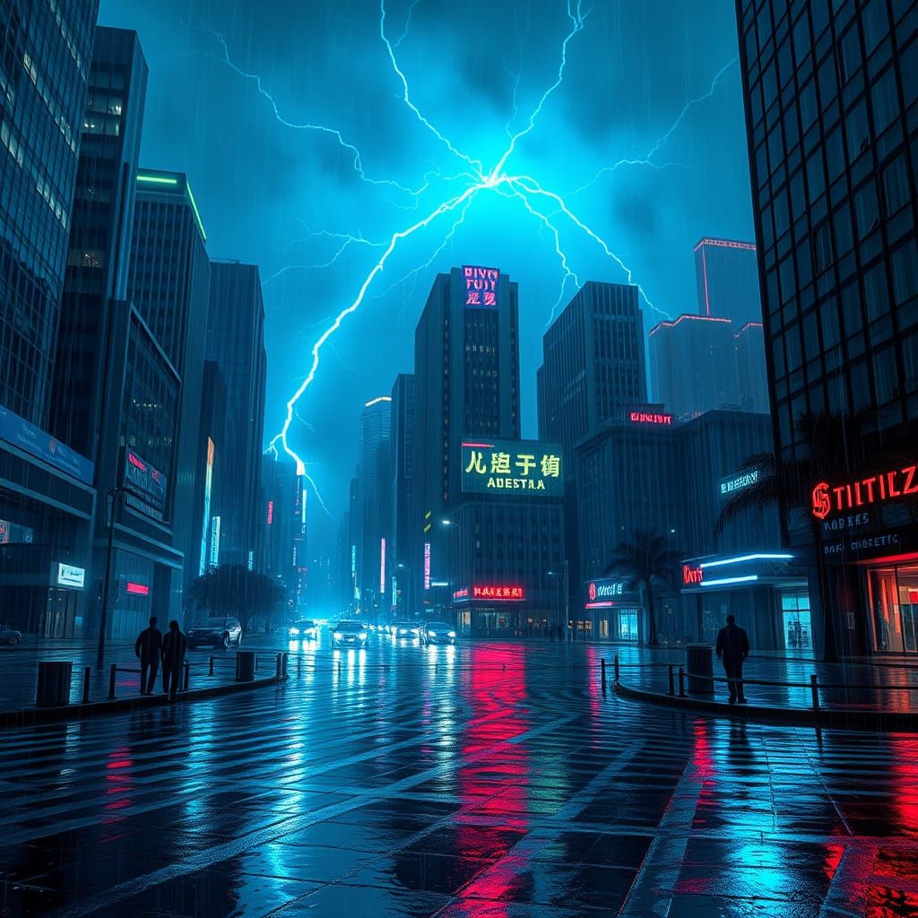 Rainy Cityscape at Dusk in Neon Hues