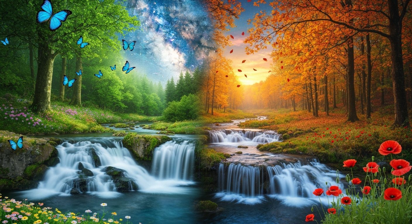 Summer to Autumn Waterfall Landscape