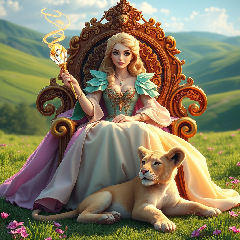 Regal Queen on Throne with Lion Cub in Meadow