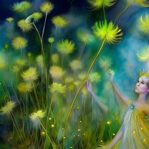 Fairy Woman in Dandelion Dreamscape, Watercolor Portrait