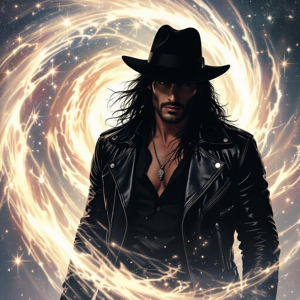 Edgy Man Silhouetted Against Swirling Galaxy, Painterly Styl...