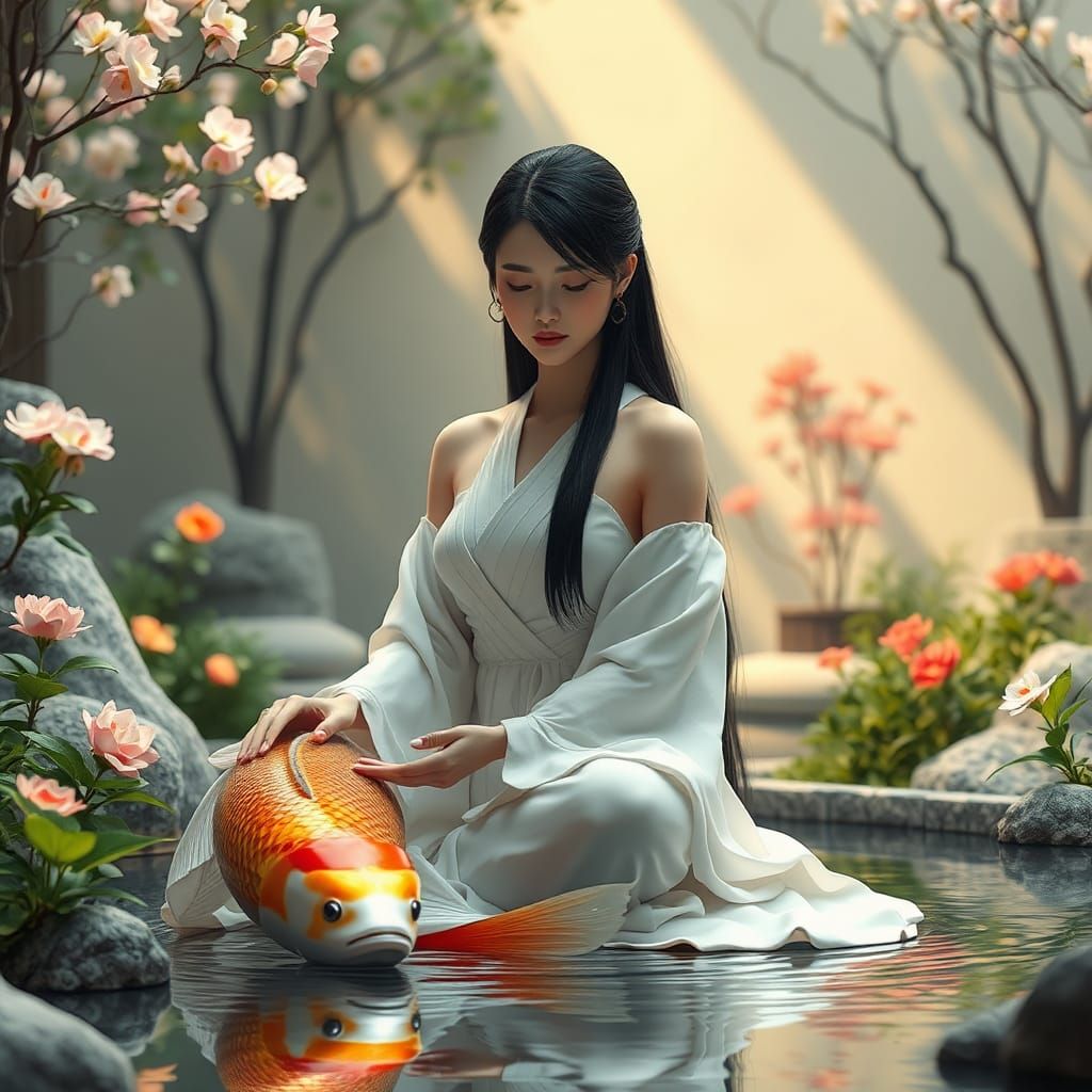 a Japan graceful girl playing with a koi fish