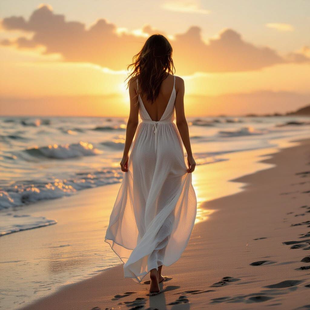Serene Beach Sunset with Woman in Flowing Dress