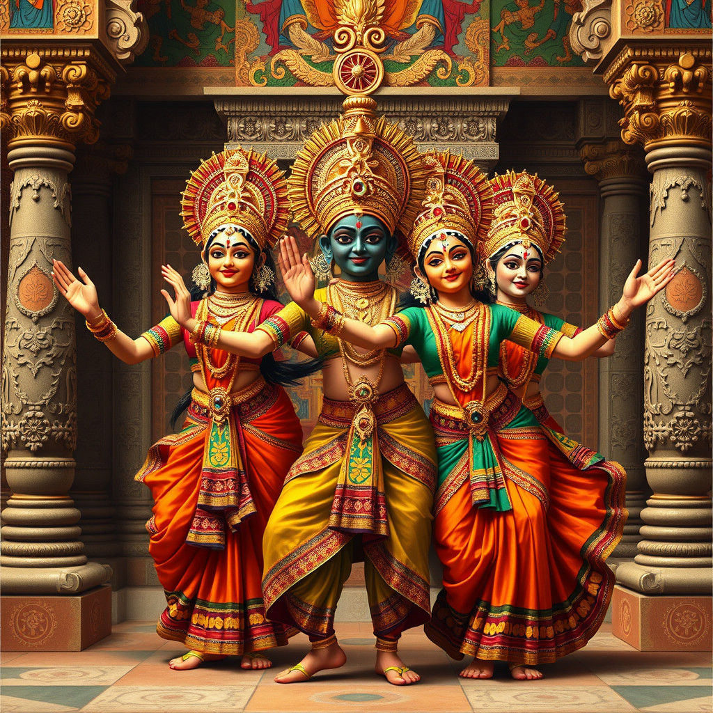 Kathakali Dancers Depicting Hindu Gods in Indian Folk Art