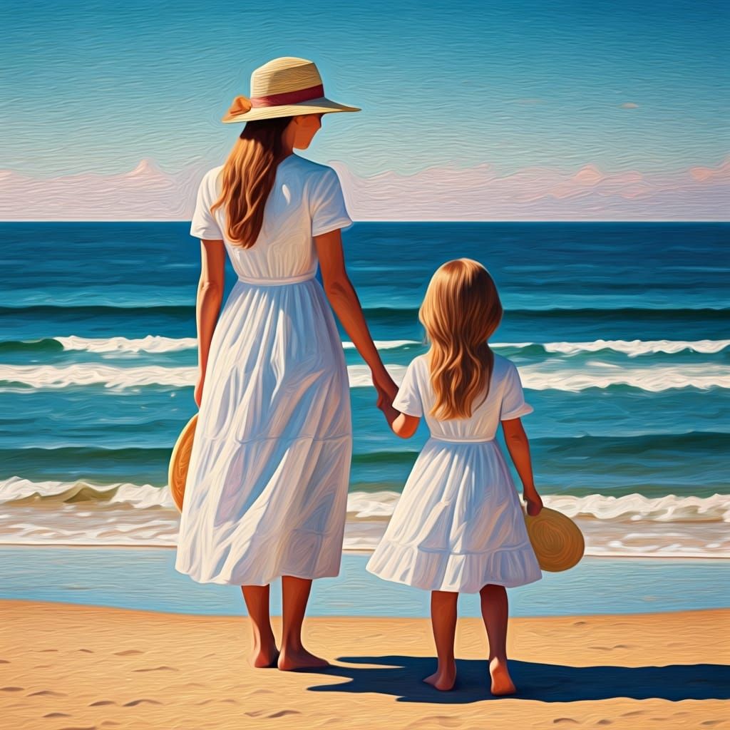 Mother and Daughter Running on Beach in Impressionist Style