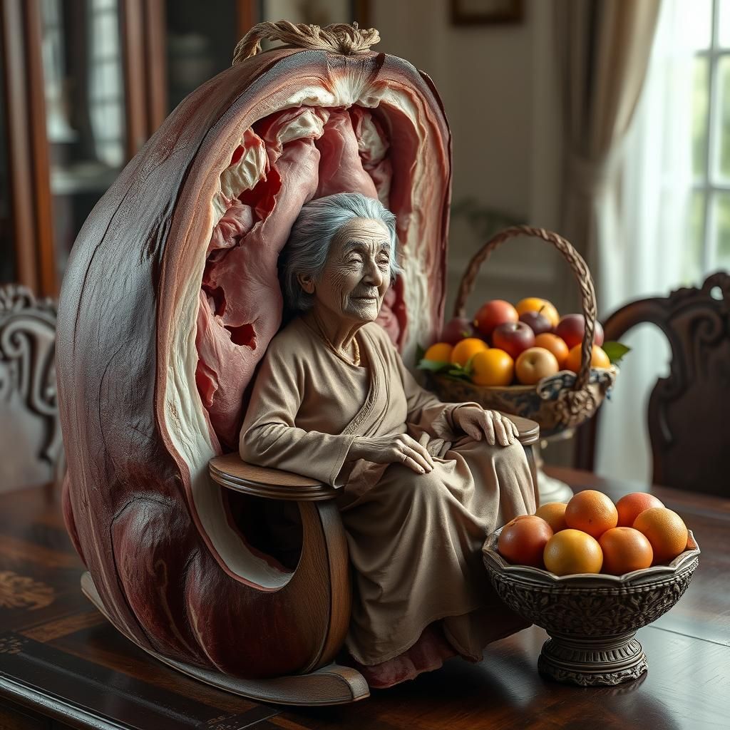 Prune woman. An old woman in a rocking chair carved from a Prune.