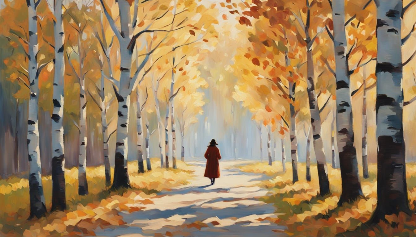 Woman in Birch Trees: An Impressionistic Autumn Scene
