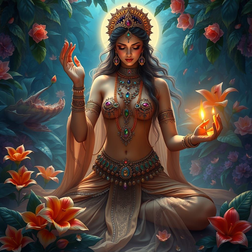 Elegant Tantric Goddess in Vibrant Fantasy World