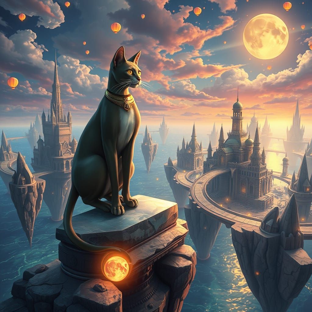 Surreal Floating City Reveals Mysterious Sphinx Cat