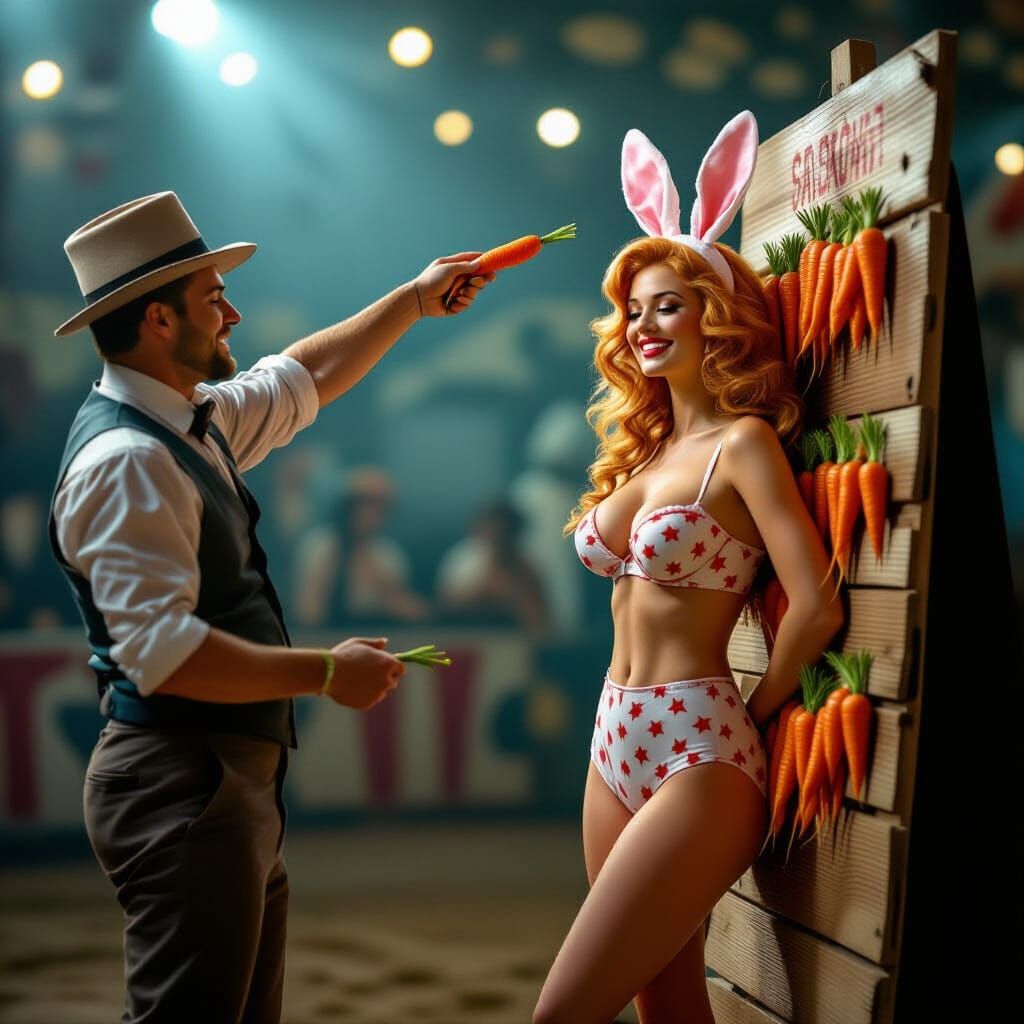 Hyperrealistic Circus Carrot Thrower in Peter Lindbergh Styl...