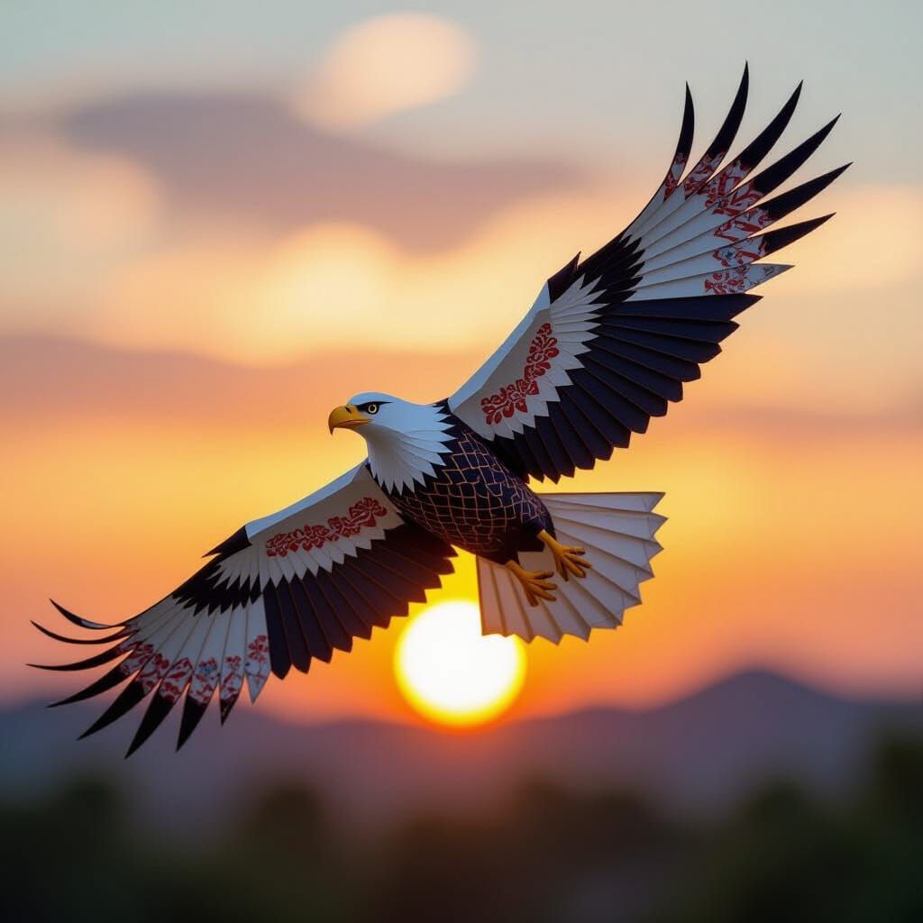 Origami Eagle Soaring at Sunset: Japanese Paper Art