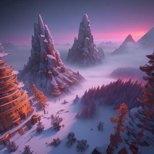 Epic Snow Landscape at Sunset in 3D