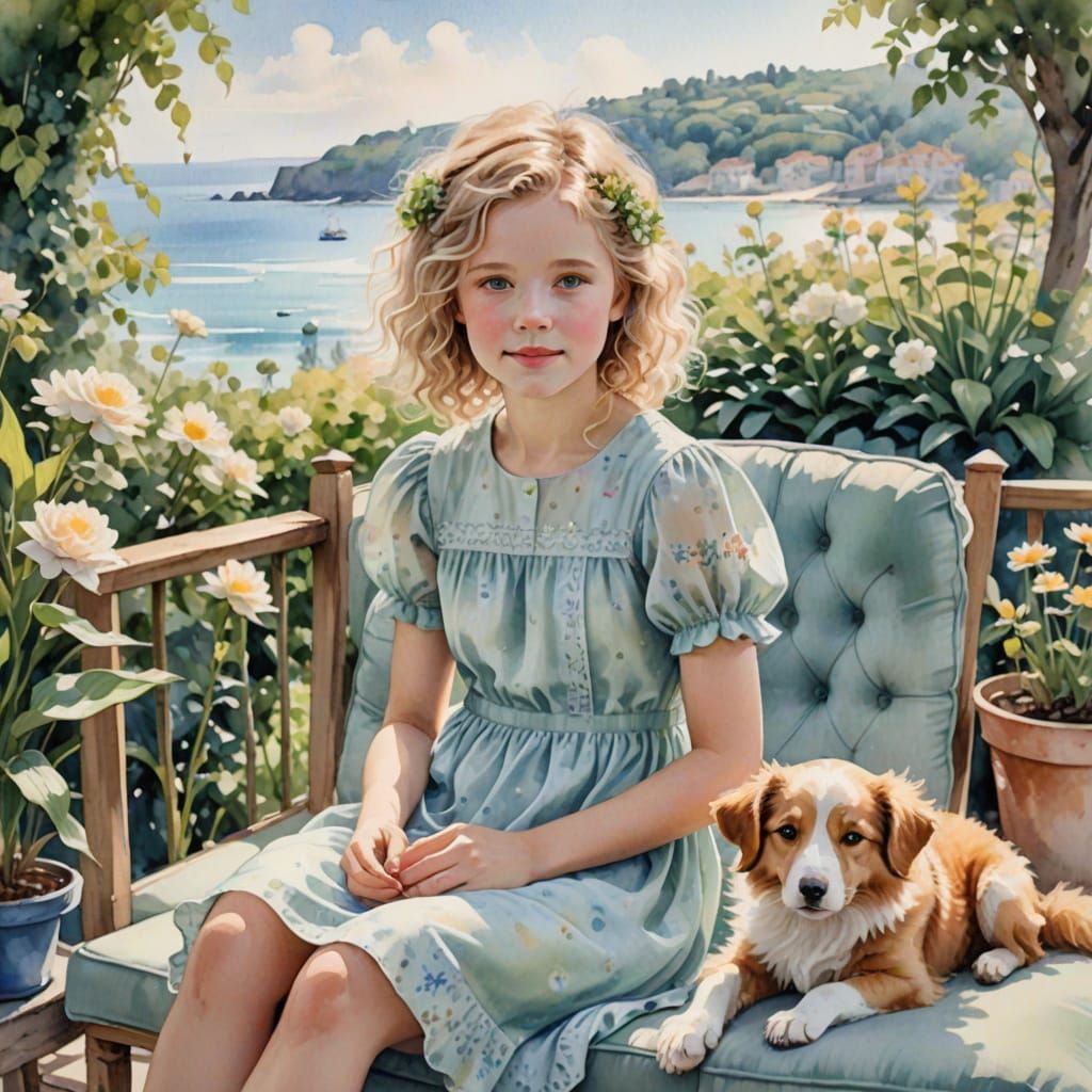 A Soft Watercolor Scene of a Young Girl and Her Dog on a Gar...