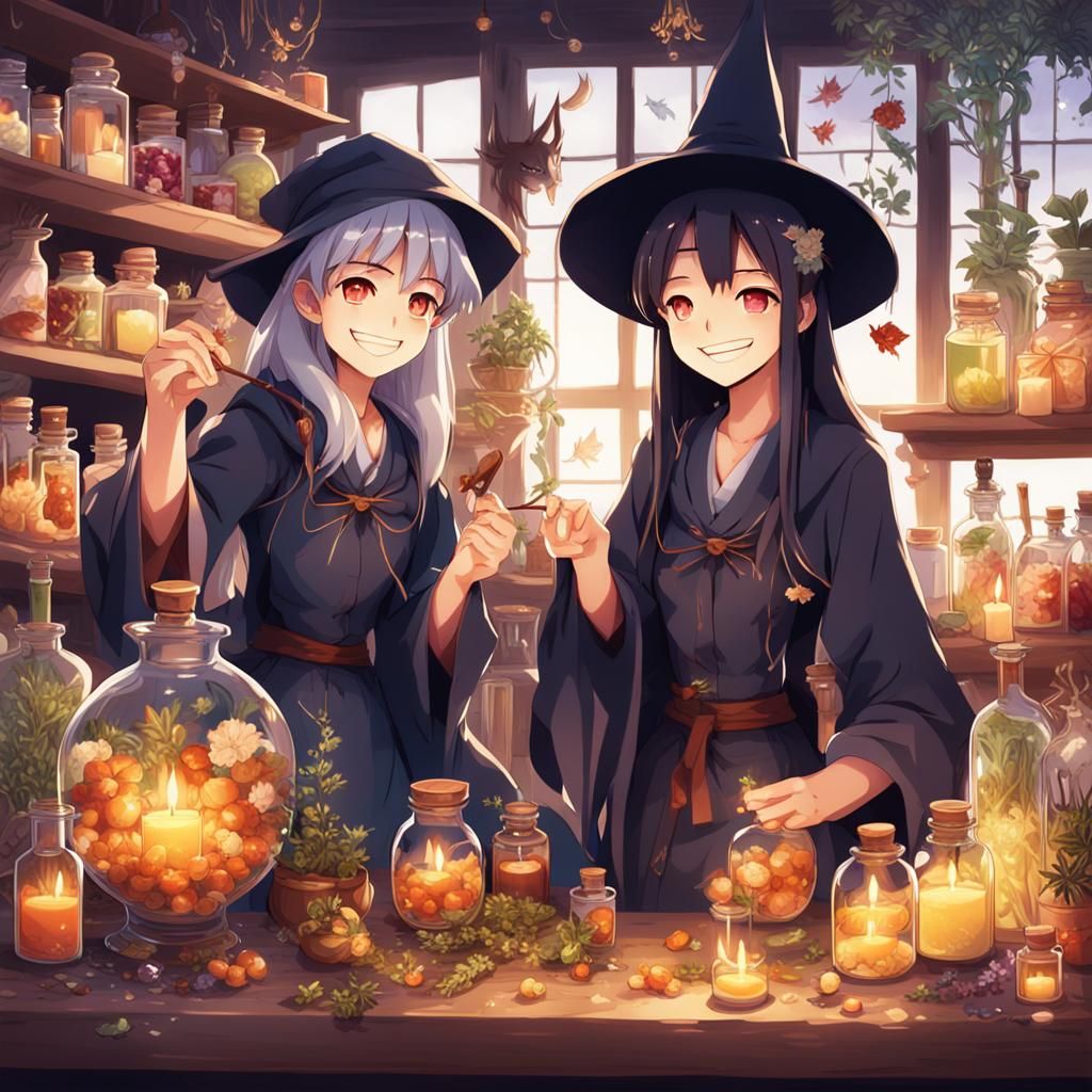Modern Witch Sisters in Anime-Style Apothecary