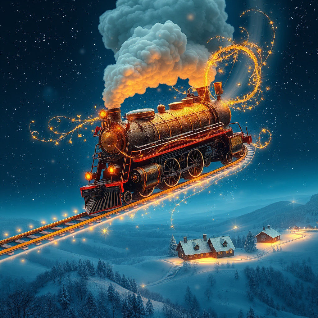 Steam Locomotive Soaring Through Starry Night Sky