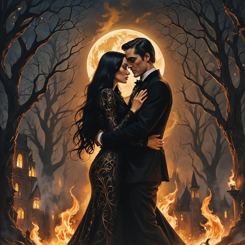 Gomez and Morticia Addams Embrace in Flames: Gothic Fantasy