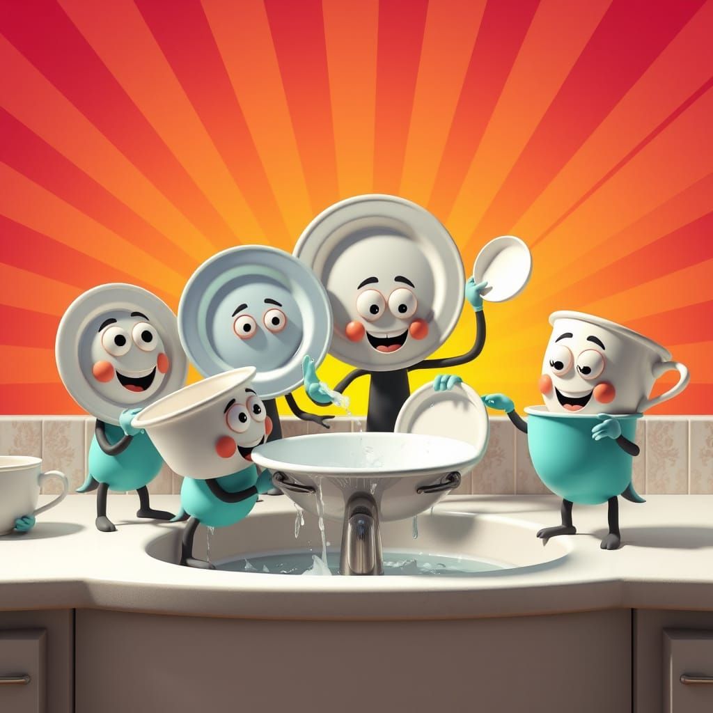 image of dishes with faces and arms  that are washing themse...