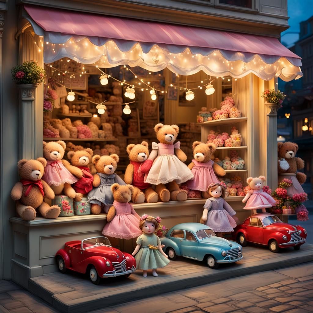 An enchanting scene unfolds as plush teddy bears, colorful t...