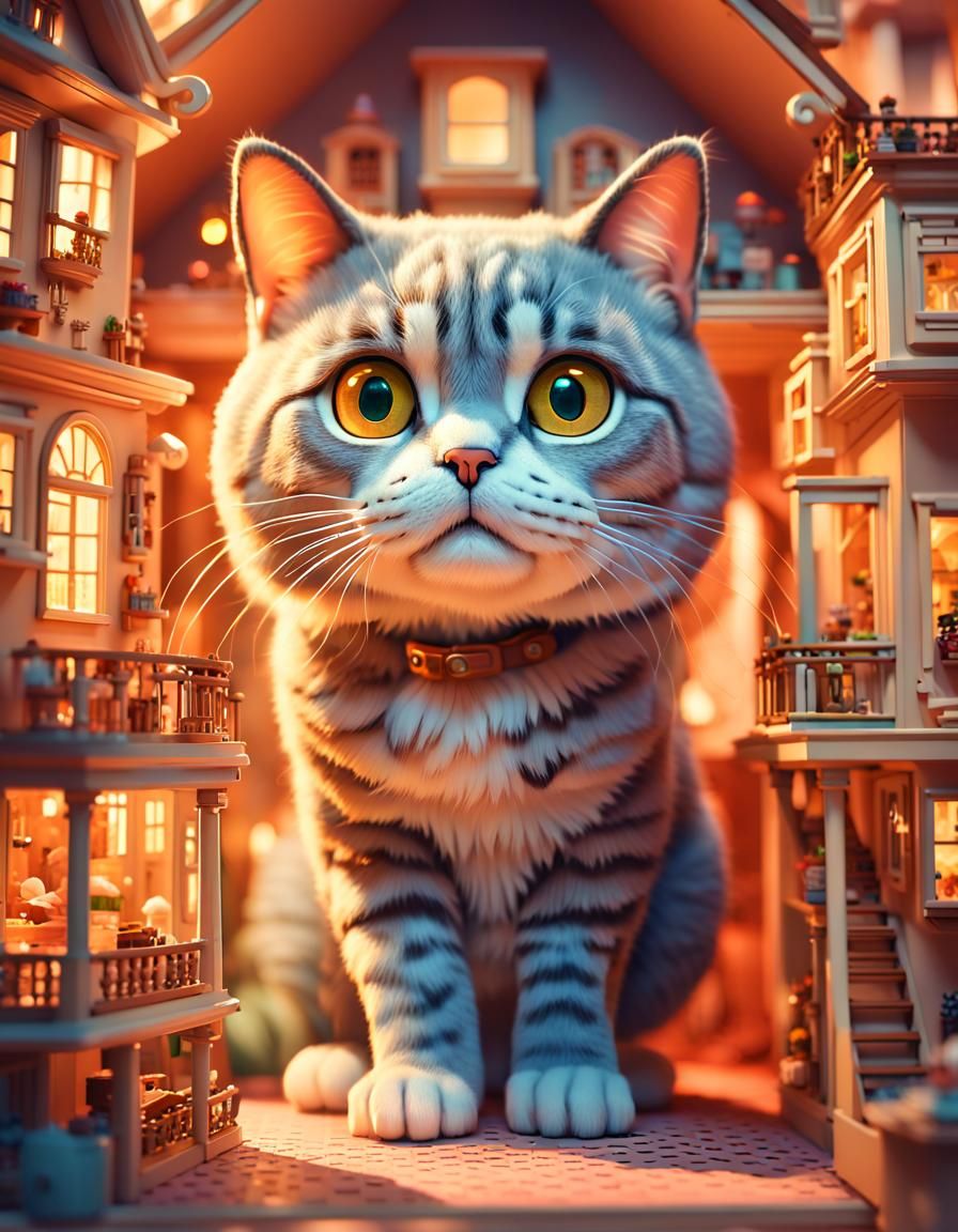 Giant Cat Head in a Detailed Dollhouse