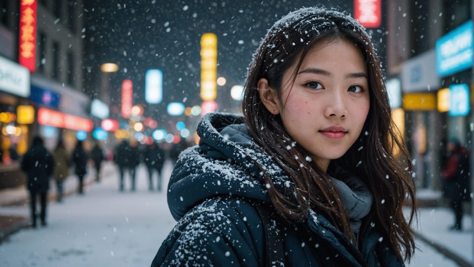 Asian Girl in Snowing City Night
