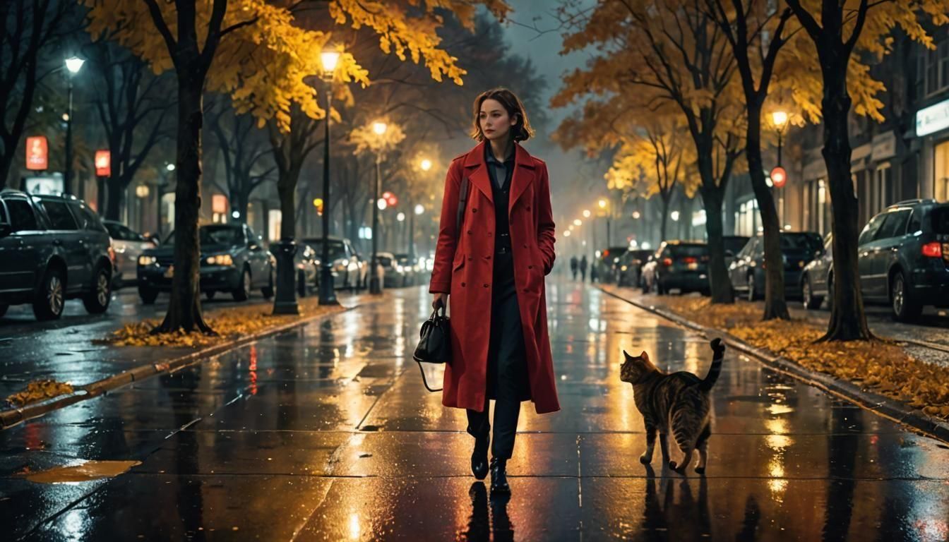 Night Street Scene with Woman and Cat, in Dark Fantasy Style