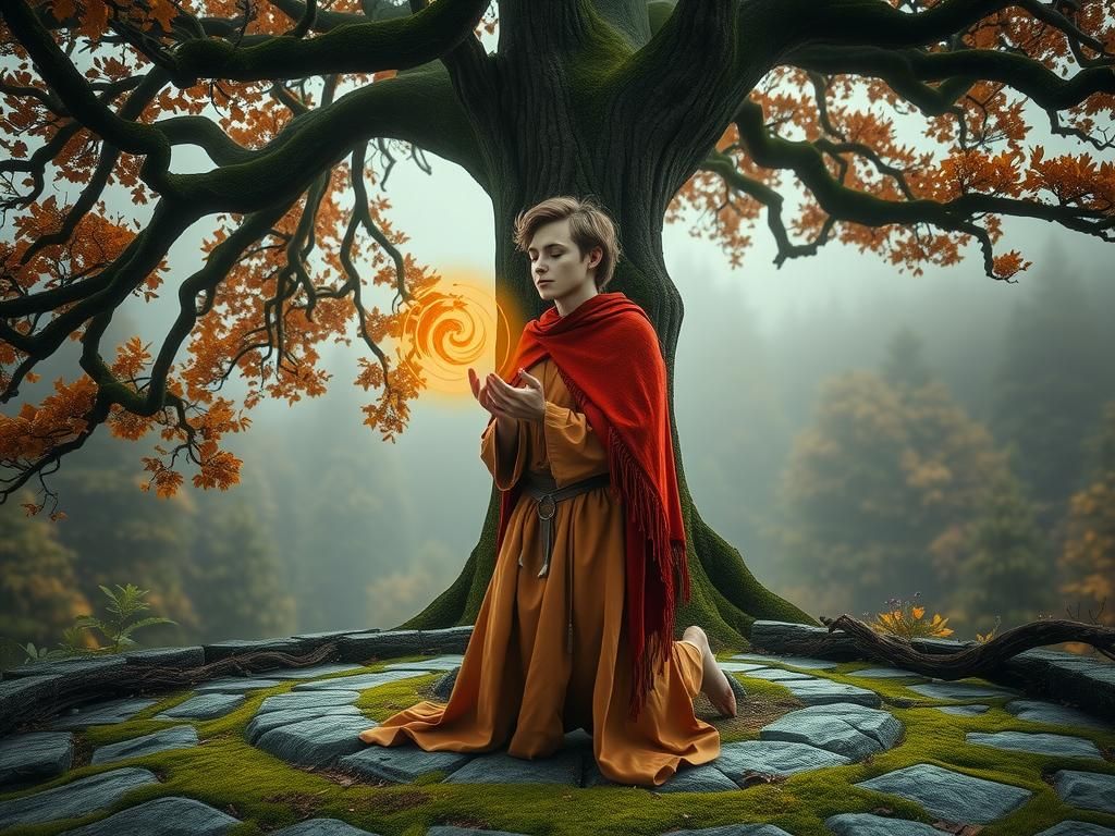Druid and Ancient Oak in Autumnal Light