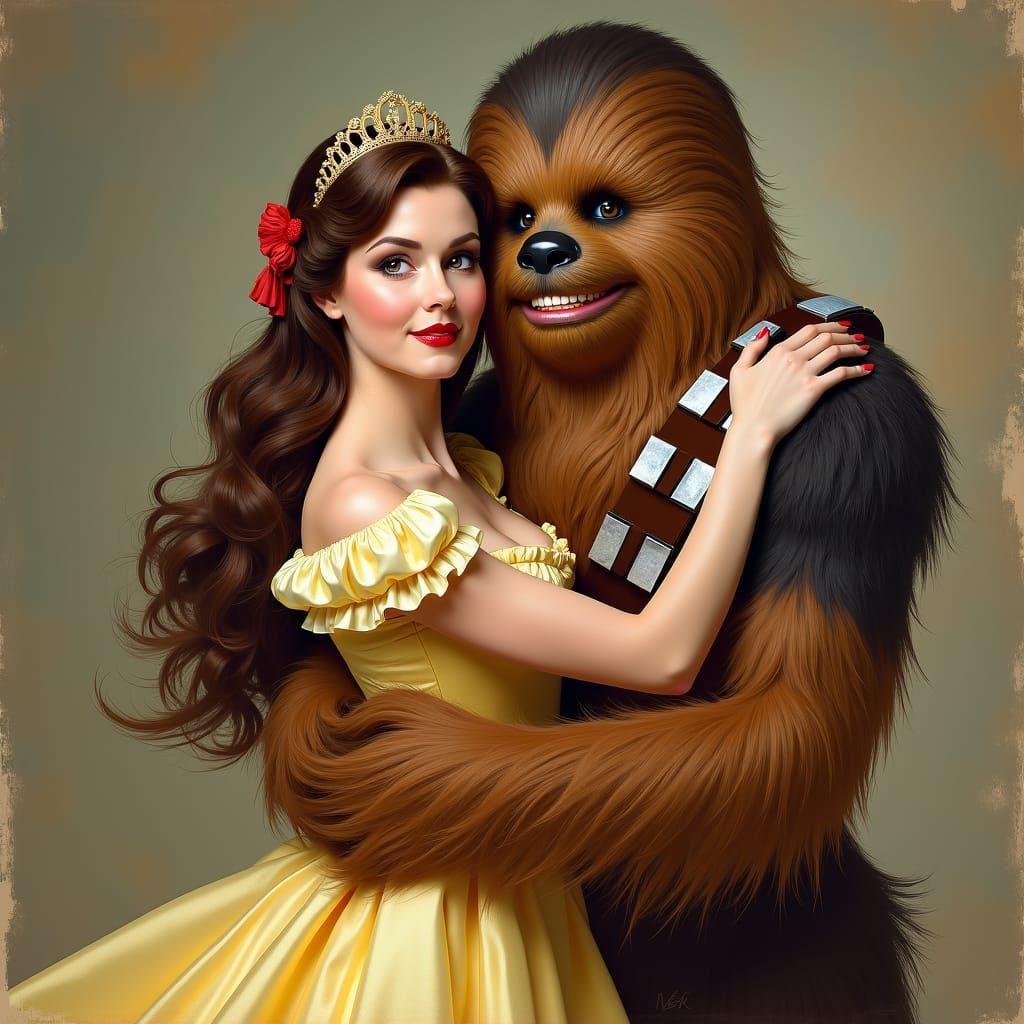 Belle Embraces Furry Companion in Whimsical Art