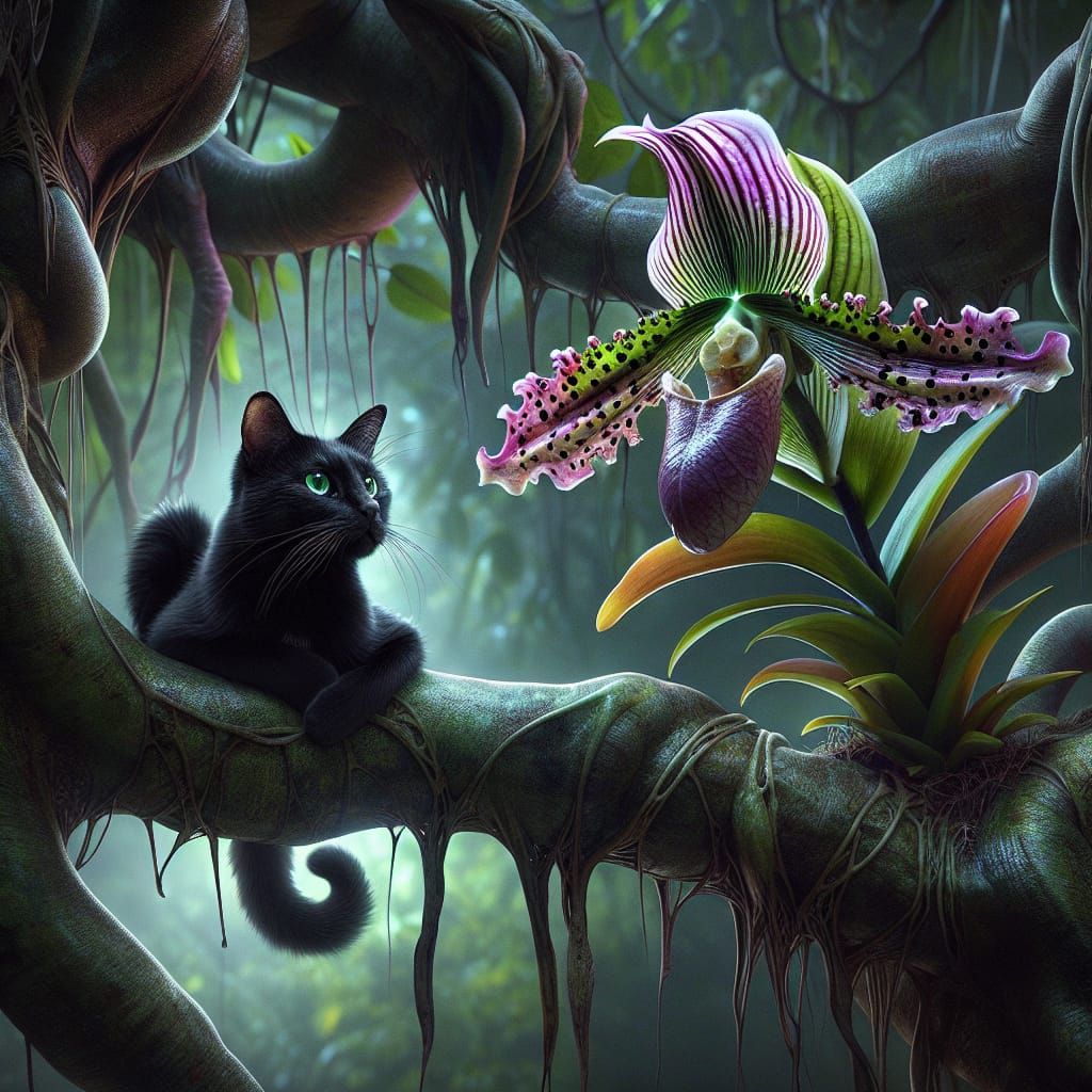 Black Cat and Alien Orchid on Strange Tree