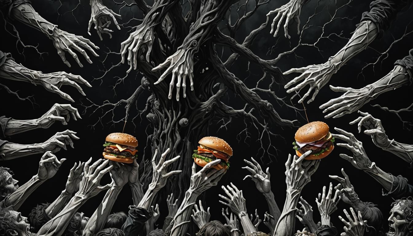 Surreal Hands Grasping Snacks, Dark Fantasy Art